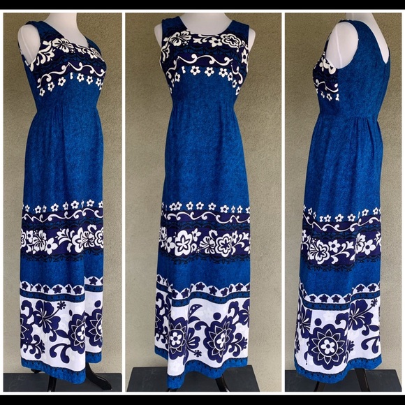 🌺 70s Vintage Hawaiian Barkcloth Muumuu Maxi Dress - Picture 3 of 14